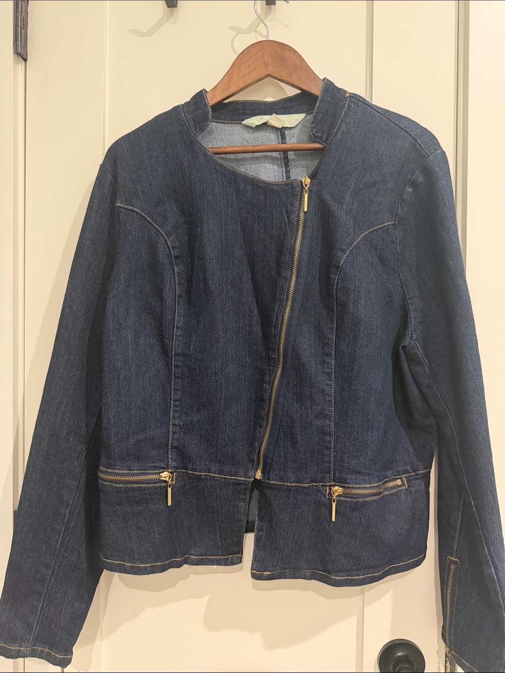 Nicki Minaj Moto Blue Denim Asymmetrical Zip Jacket PTP 24 Gold Zip Pockets XXXL